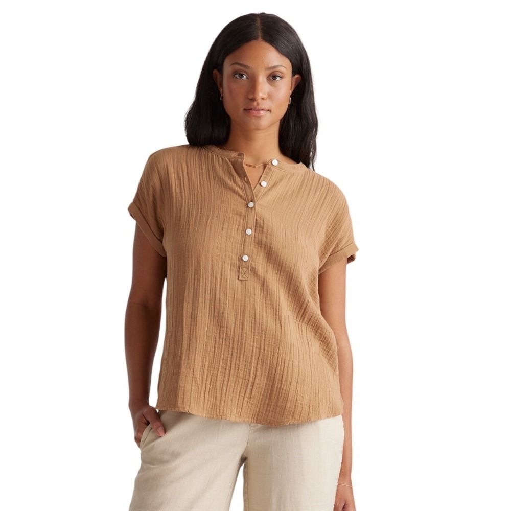 Quince Organic Cotton Gauze Roll Sleeve Shirt Large Camel Coastal Relaxed Henley